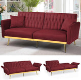 70” Velvet Futon Sofa Bed w/Adjustable Armrests and Backrest, Convertible Futon Couch