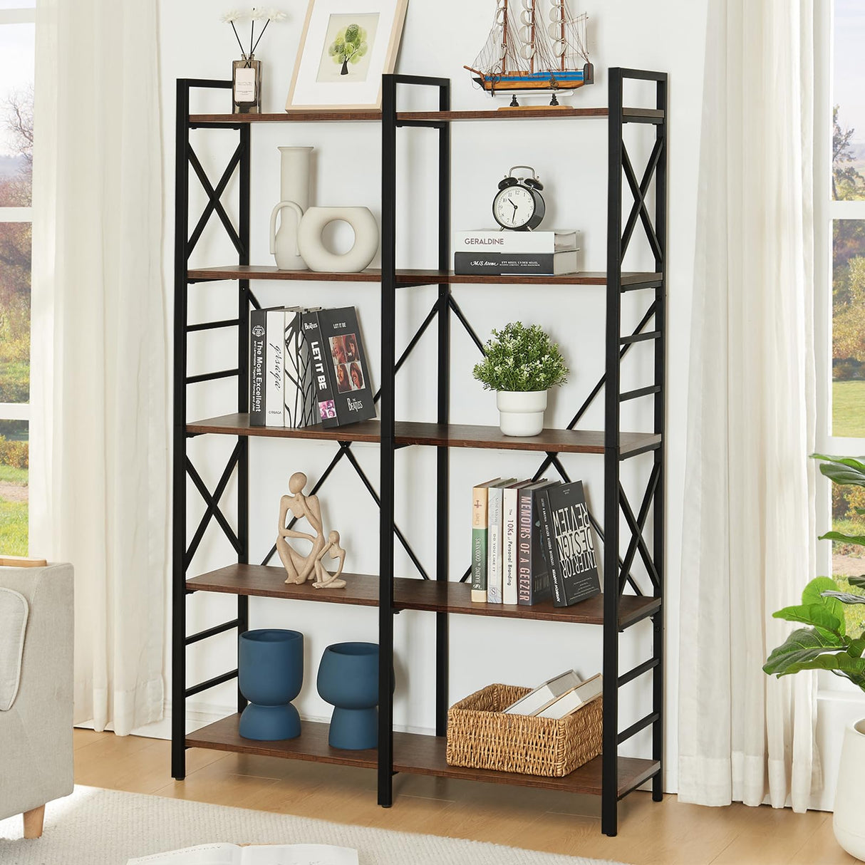 Book Shelf,Industrial Double Wide 5 Tier Bookshelf,Engineered Wood and Metal Bookcase