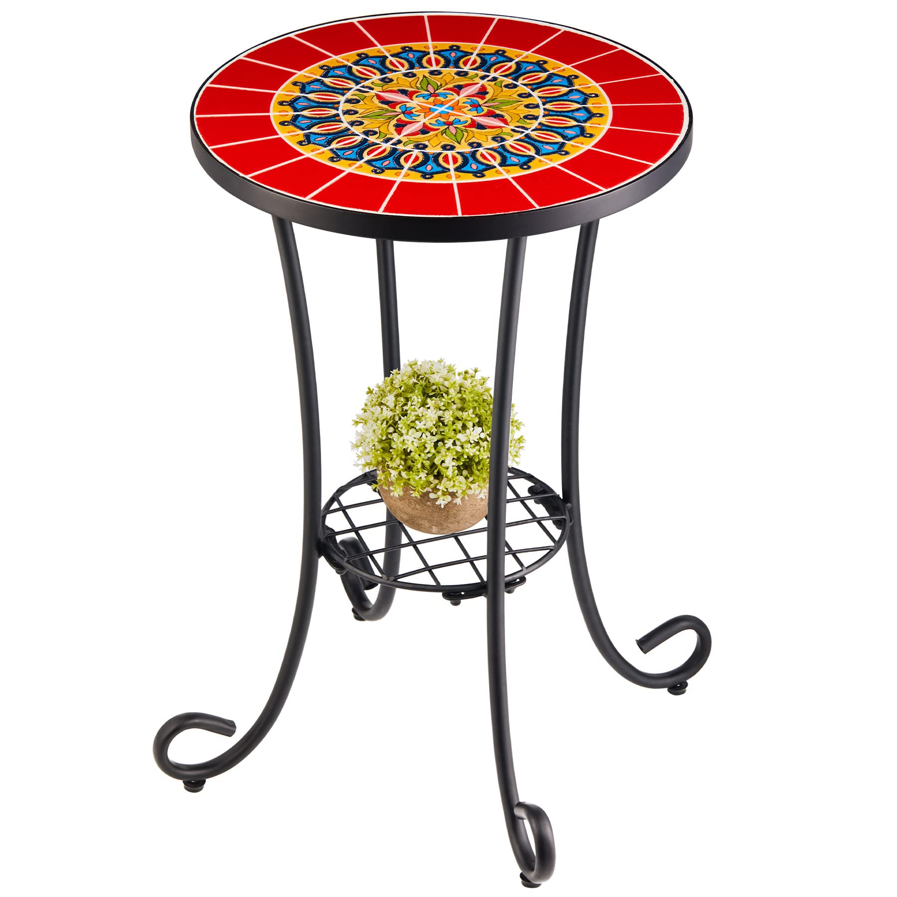 VONLUCE Patio Side Table and Plant Stand, 21" End Table with 14" Ceramic Tile Top for Porch Garden Decor, Indoor and Outdoor Mosaic Table, Living Room Bedroom Balcony Furniture for Home & Garden, Red - Bircata