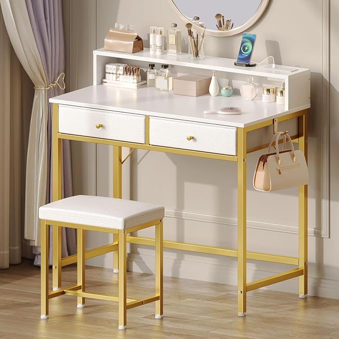 Vanity Desk Without Mirror, Makeup Vanity with Drawers and Charging Station