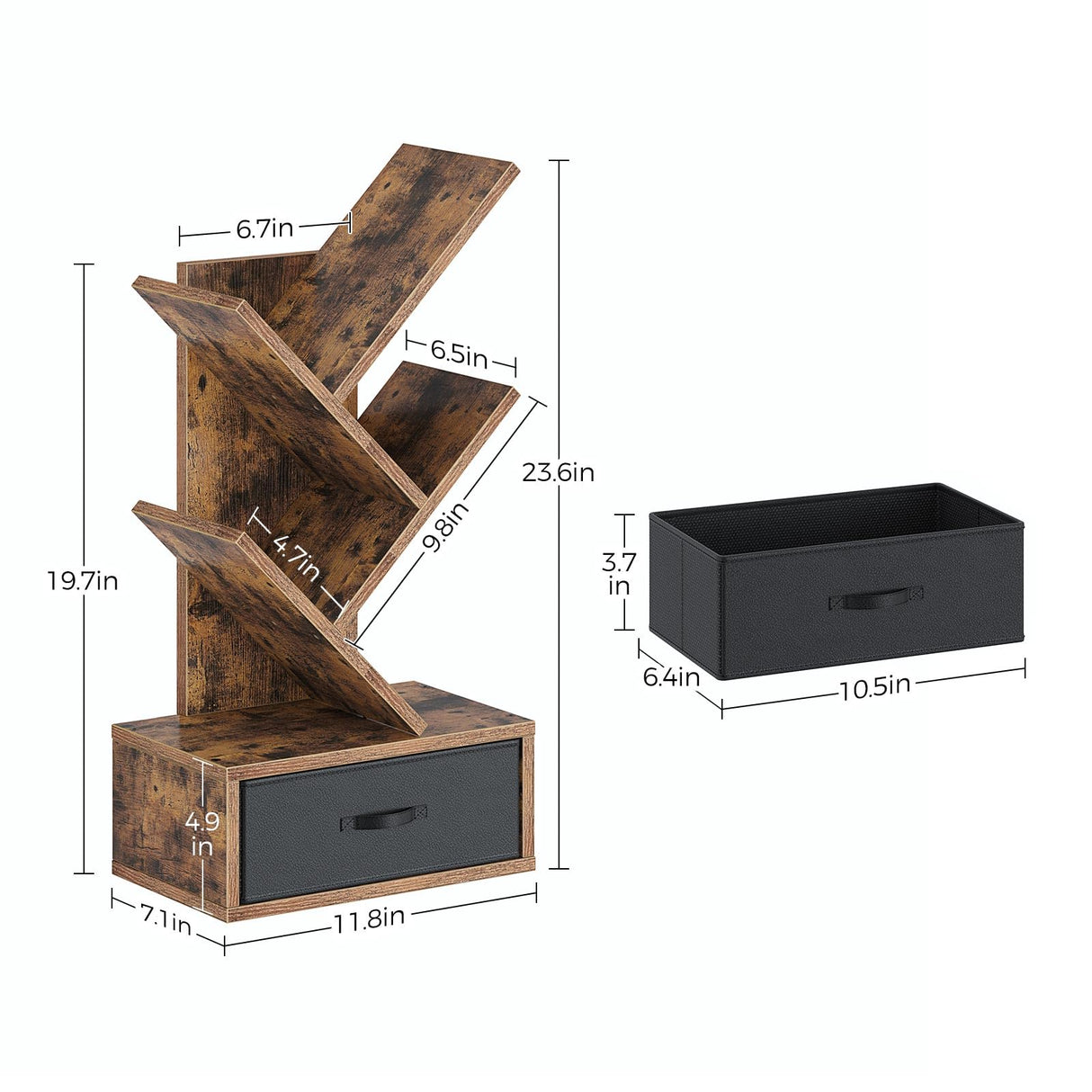 Rolanstar Bookshelf with Drawer, 4 Shelf Tree Bookshelf, Wooden Bookshelves Storage Rack for CDs/Movies/Books, Rustic Brown Bookcase, Utility Organizer Shelves for Living Room, Bedroom