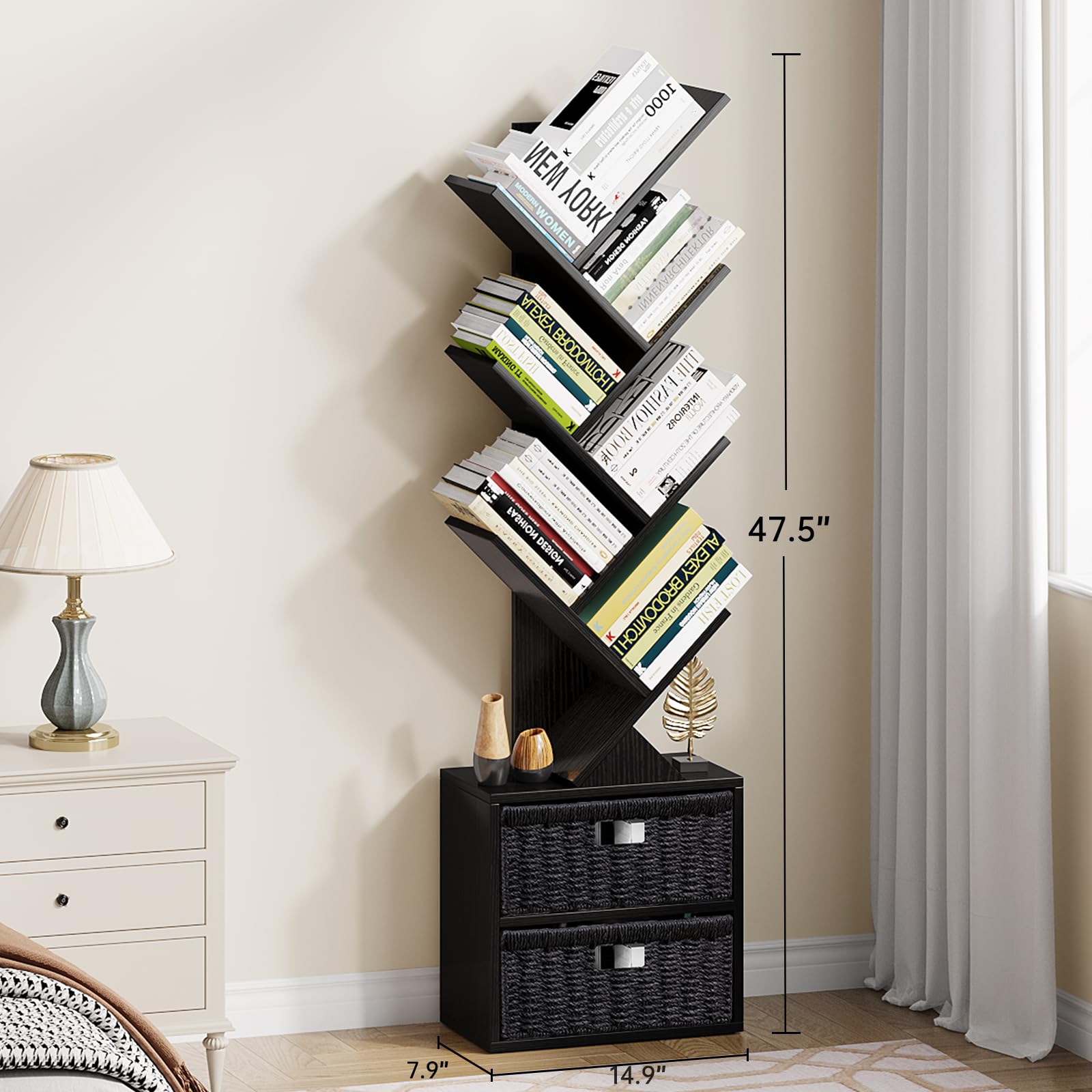 Vagusicc 6 Tier Tree Bookshelf, Modern Floor Standing Bookcase with Storage Drawer, Space Saving Storage Organizer Book Shelves for Books, Tall Wood Storage Rack for Bedroom/Living Room/Home Office
