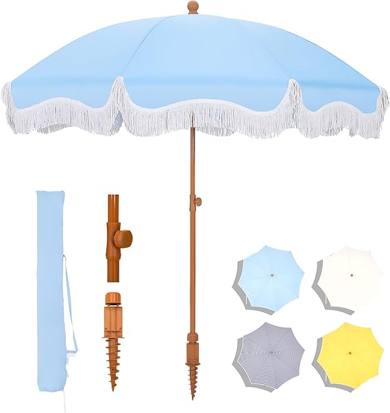 7ft Patio Beach Umbrella with Fringe, Tassel Umbrellas UPF50+ with Sand Anchor & Tilt