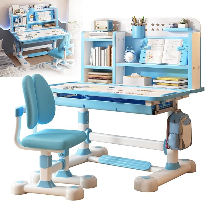 Study Desk Chair Set, Height Adjustable Children School Study Table Chair Set with Sitting Corrector, Ergonomic Desk Chair with Book Stand, Foot Pedal, Partition Design (Blue1)