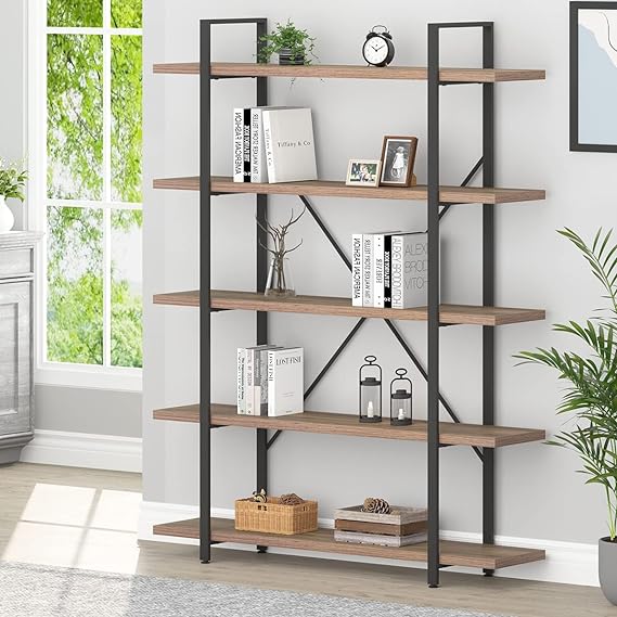 Industrial 4 Tier Bookshelf, Modern Metal and Wood