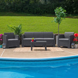 Seneca Dark Gray Faux Rattan Sofa with All-Weather Seneca Light Gray Cushions