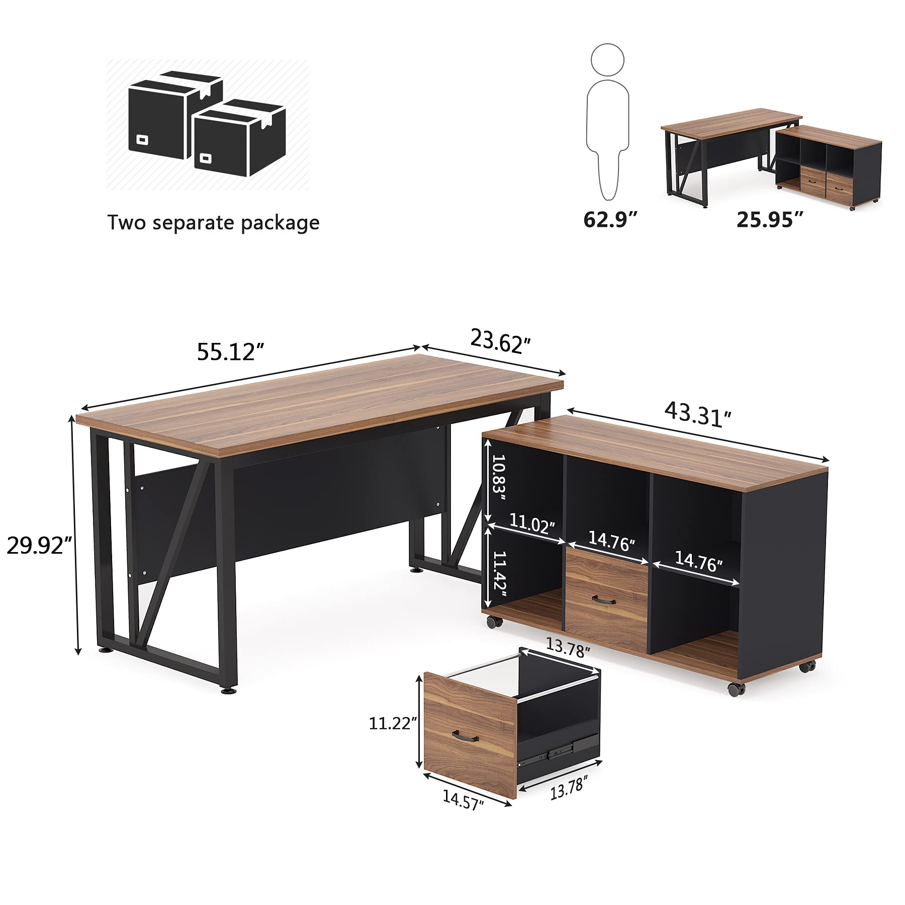 55 inches Executive Desk and 43" lateral File Cabinet, L-Shaped Computer Desk Home Office Furniture with Drawers and Storage Shelves, Office Table with Cabinet (Walnut, 55)