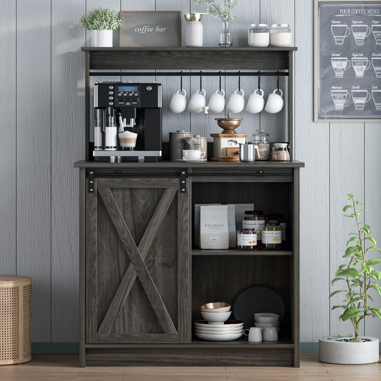 Farmhouse Coffee Bar Cabinet with Storage, Gray Coffee Bar with 6 Hooks