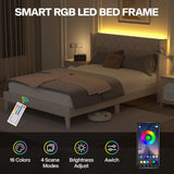 Queen Size Bed Frame with LED Lights, Upholstered Bed Frame with Wingback Diamond