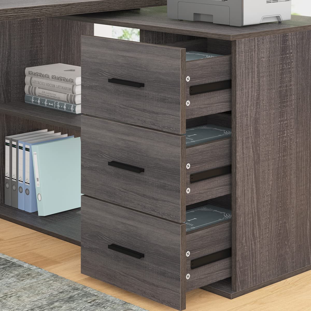 L Shaped Computer Desk with Drawers, 360 Rotating L Shape Desk with Storage Cabinet