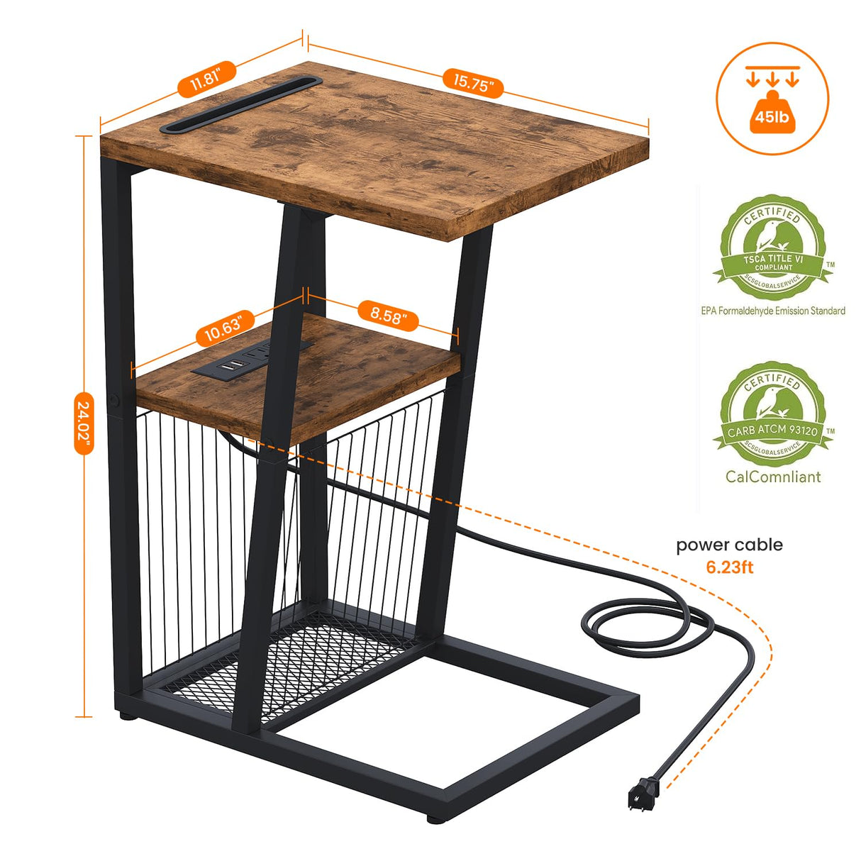 Side Table, C Shaped Nightstand End Table with Charging Station and Phone Holder