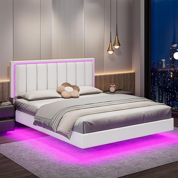 Queen Floating Bed Frame with RGB LED Lights
