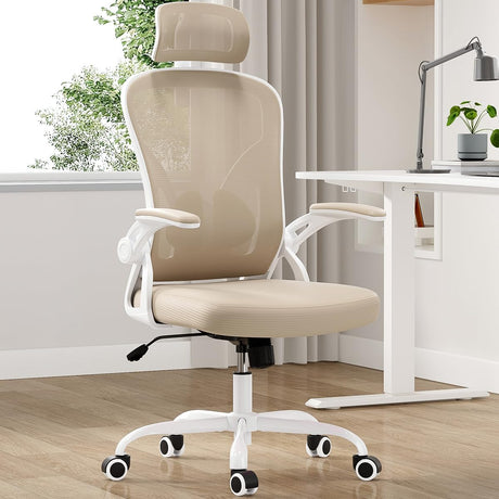 Office Chair, Home Office Desk Chair with Headrest, High Back Computer Chair with Flip-up Armrests and Adjustable Lumbar Support for Home Office Study Bedroom, Khaki.