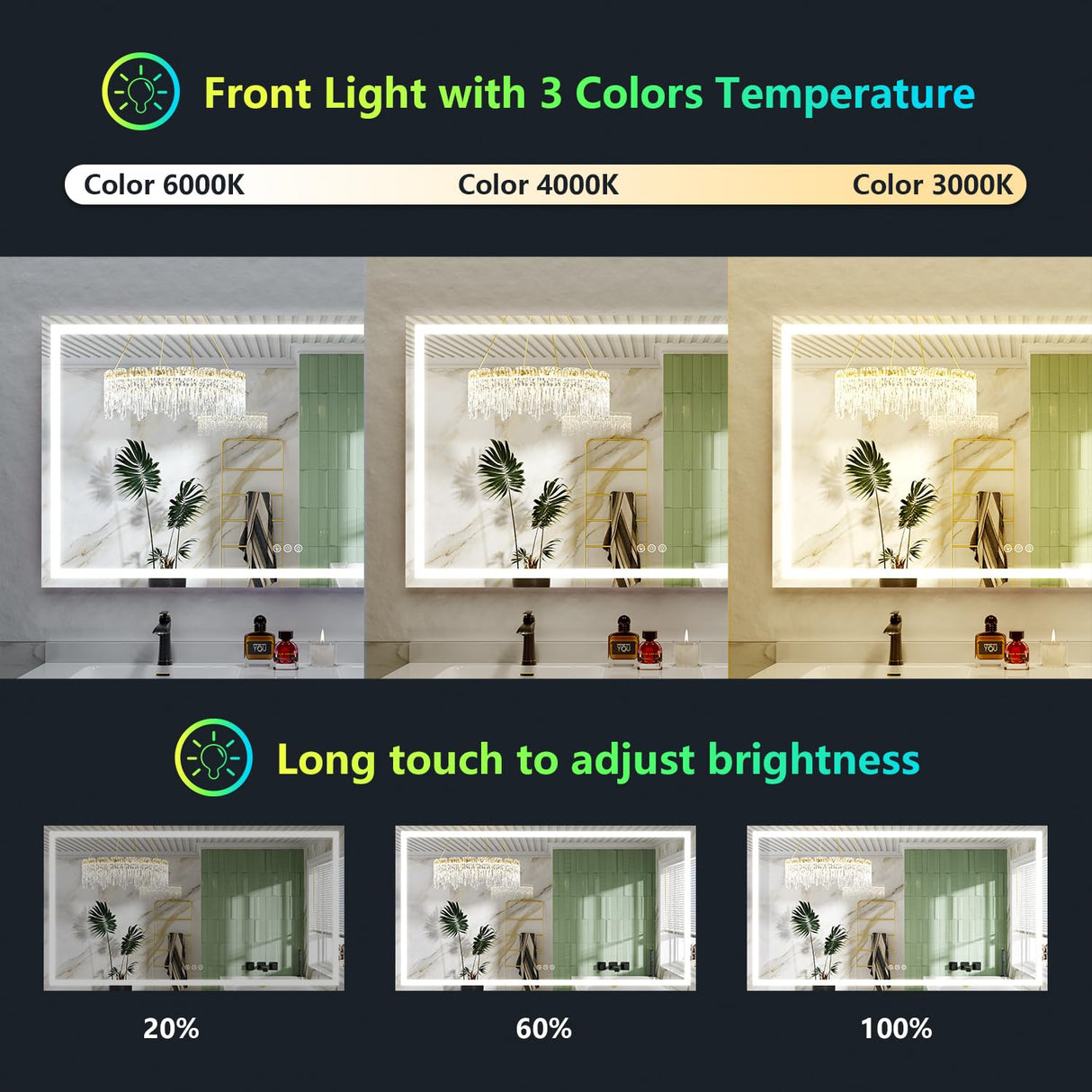 65x36 Inch RGB LED Bathroom Mirror with Front and Backlight
