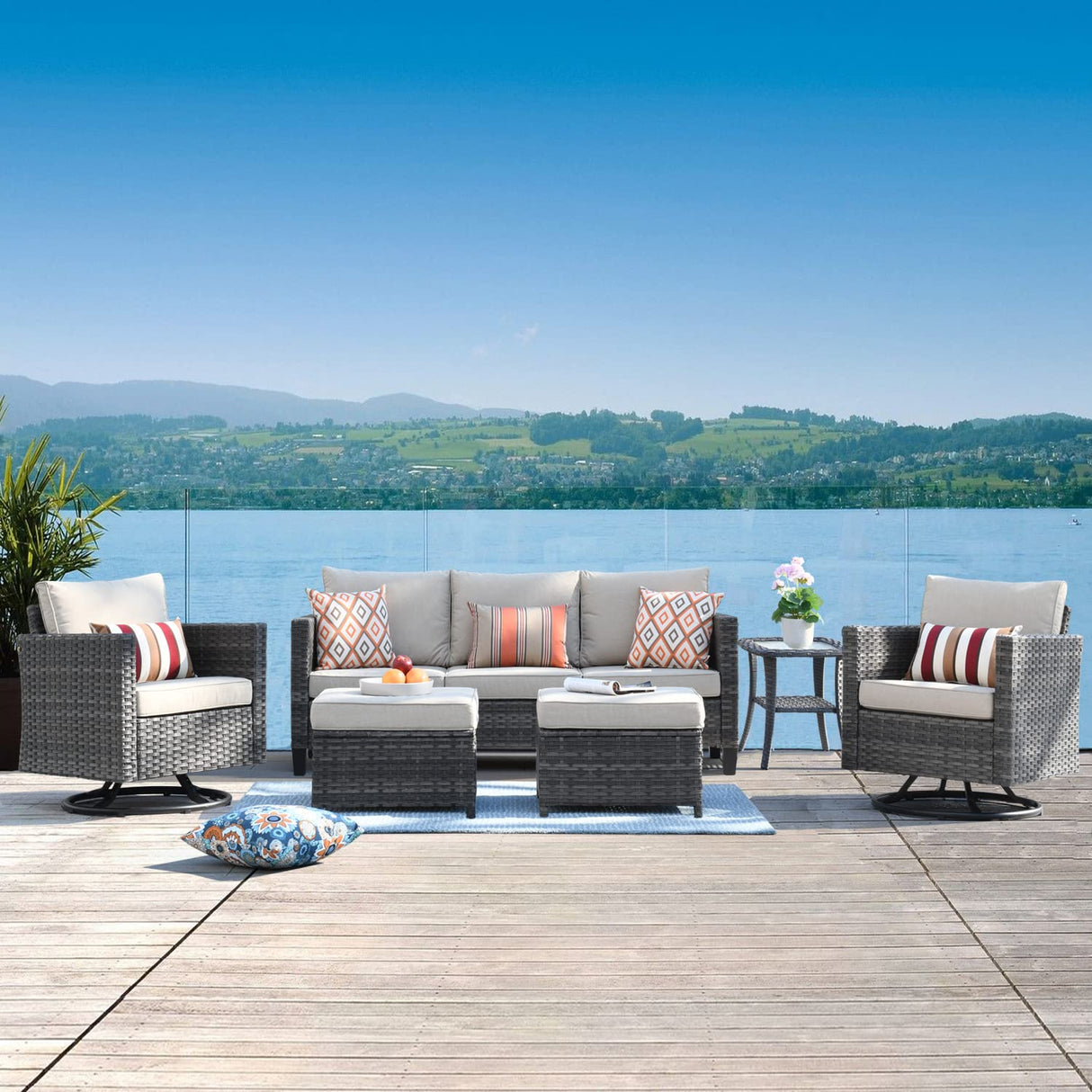 6 Piece Outdoor Sofa Couch with Rocking Swivel Chairs