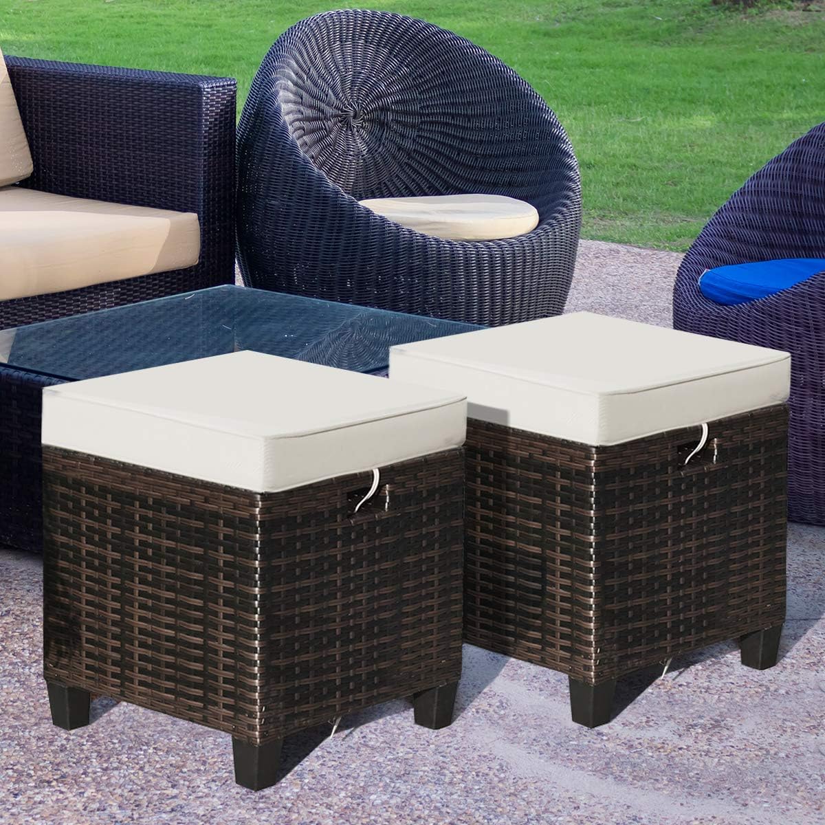 4 Pieces Outdoor Patio Ottoman, All Weather Rattan Wicker Ottoman Sea