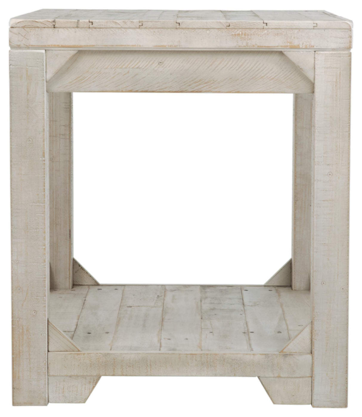 Fregine Farmhouse Square End Table with Floor Shelf, Weathered White Finish