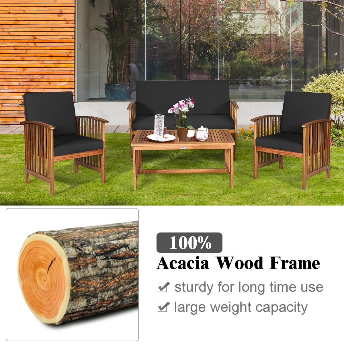 Outdoor 4 PCS Acacia Wood Sofa Set w/Water Resistant Cushions