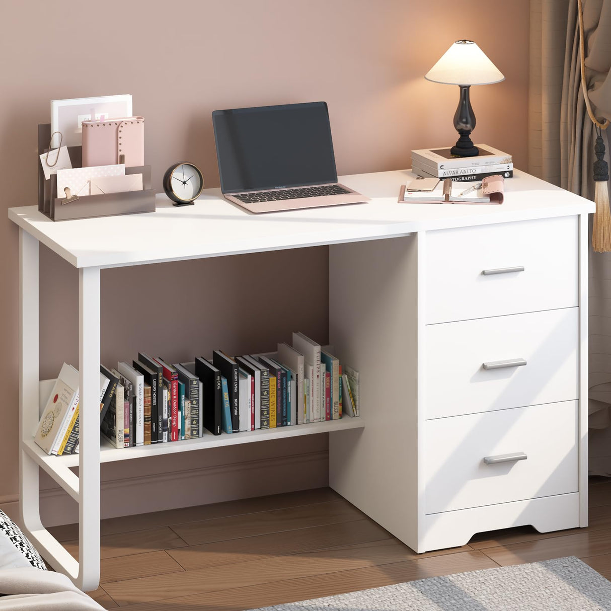 White Desk with Drawers, Small Desk for Bedroom, 47 Inch White Desk with Storage