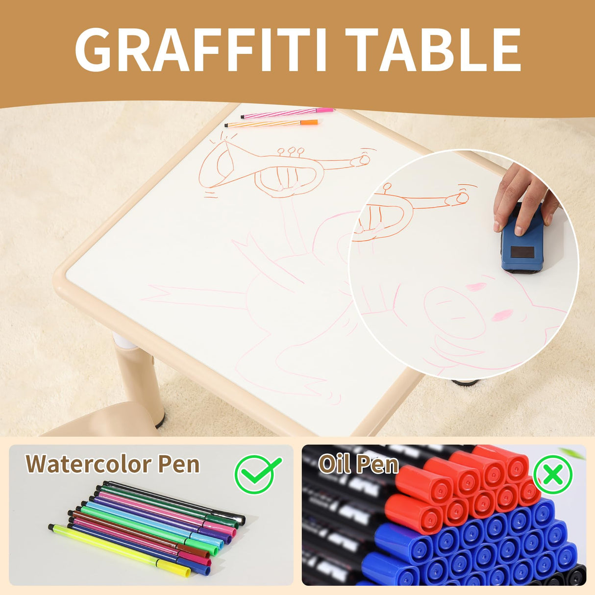 Hulaibit Kids Table and 2 Chairs Set, Height Adjustable Toddler Table and Chairs with Anti-Slip Foot Covers, Graffiti Desktop Arts & Crafts Table for Daycare, Classroom