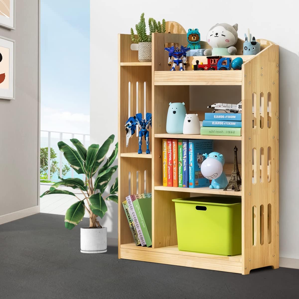 Bookshelf with Organizer, Wood Display Shelf Stand for Small Space Multifunction Storage Cabinet for Playroom, Bedroom, Natural