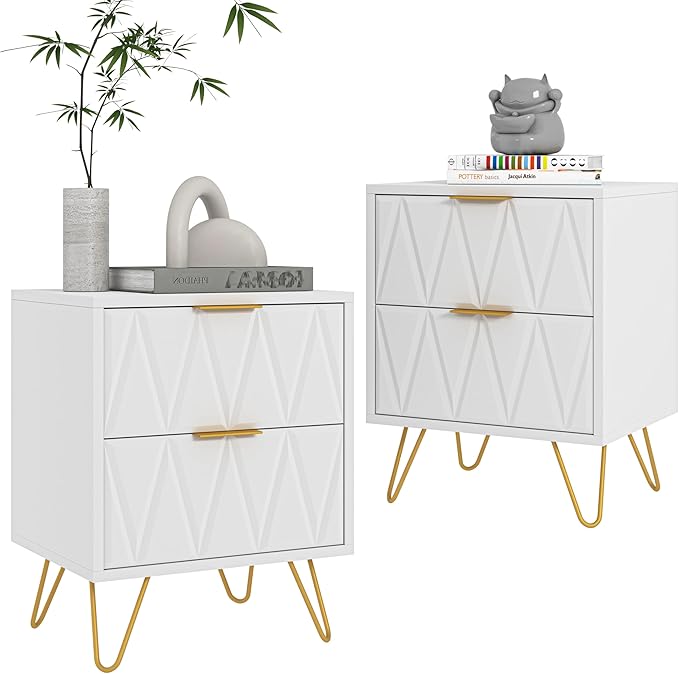 White Night Stands for Bedrooms Set of 2, Modern Bedside Table with 2 Drawers Storage, Wood Nightstand End Side Tables with Golden Metal Legs for Bedroom Living Room