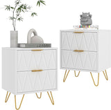 White Night Stands for Bedrooms Set of 2, Modern Bedside Table with 2 Drawers Storage, Wood Nightstand End Side Tables with Golden Metal Legs for Bedroom Living Room