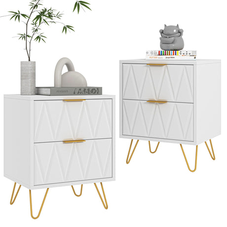 White Night Stands for Bedrooms Set of 2, Modern Bedside Table with 2 Drawers Storage, Wood Nightstand End Side Tables with Golden Metal Legs for Bedroom Living Room