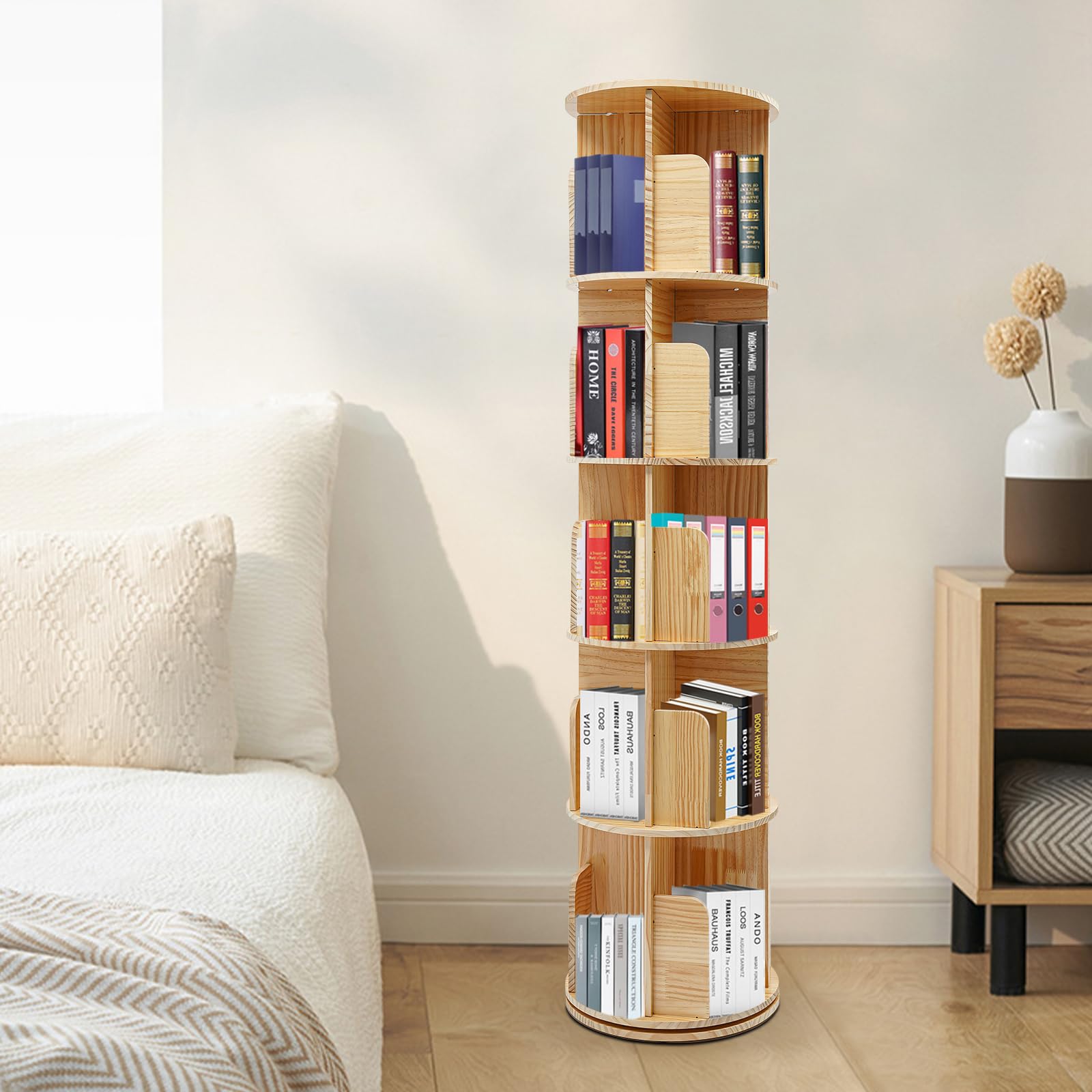 Wood Rotating Bookcase, Floor Standing Cylindrical Book Storage with Baffles Rack, 360