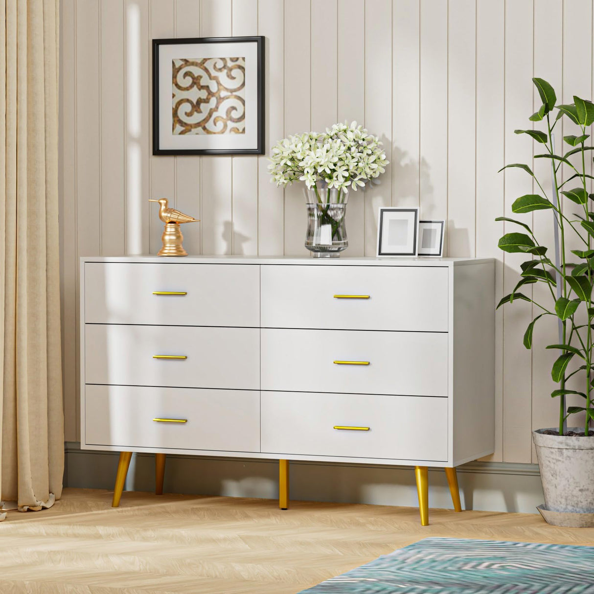 White Dresser for Bedroom, 6 Drawer Dresser with Wide Drawers and Gold Metal Handles