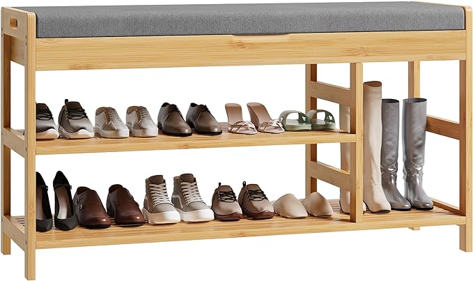 Shoe Bench, Entryway Storage Bench with Padded Cushion, Bamboo Shoe Rack Bench