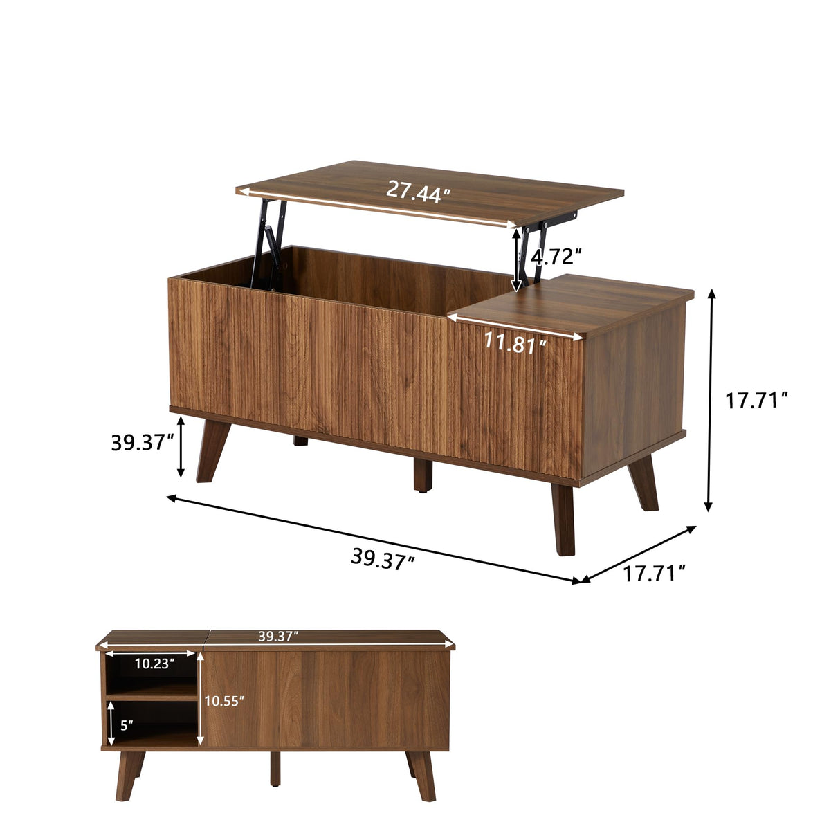 Wooden Fluted Lift Top Coffee Table with Hidden Compartment