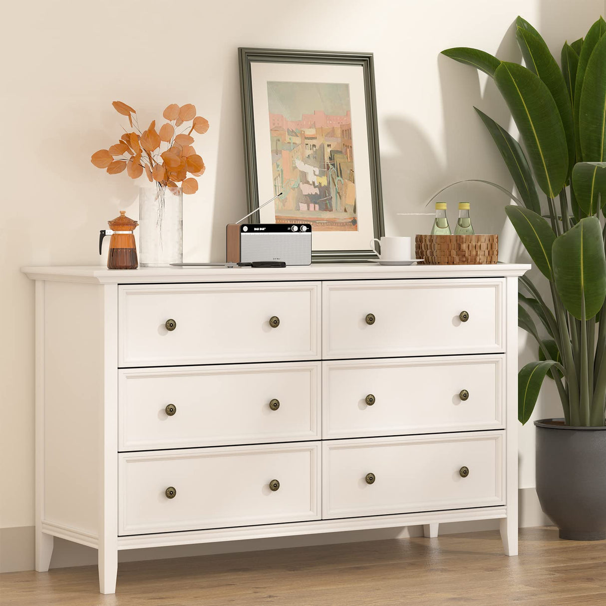 6 𝑫𝒓𝒂𝒘𝒆𝒓𝒔 𝑫𝒓𝒆𝒔𝒔𝒆𝒓, White 6 Drawer Dresser for Bedroom, Modern Solid Wood Chest