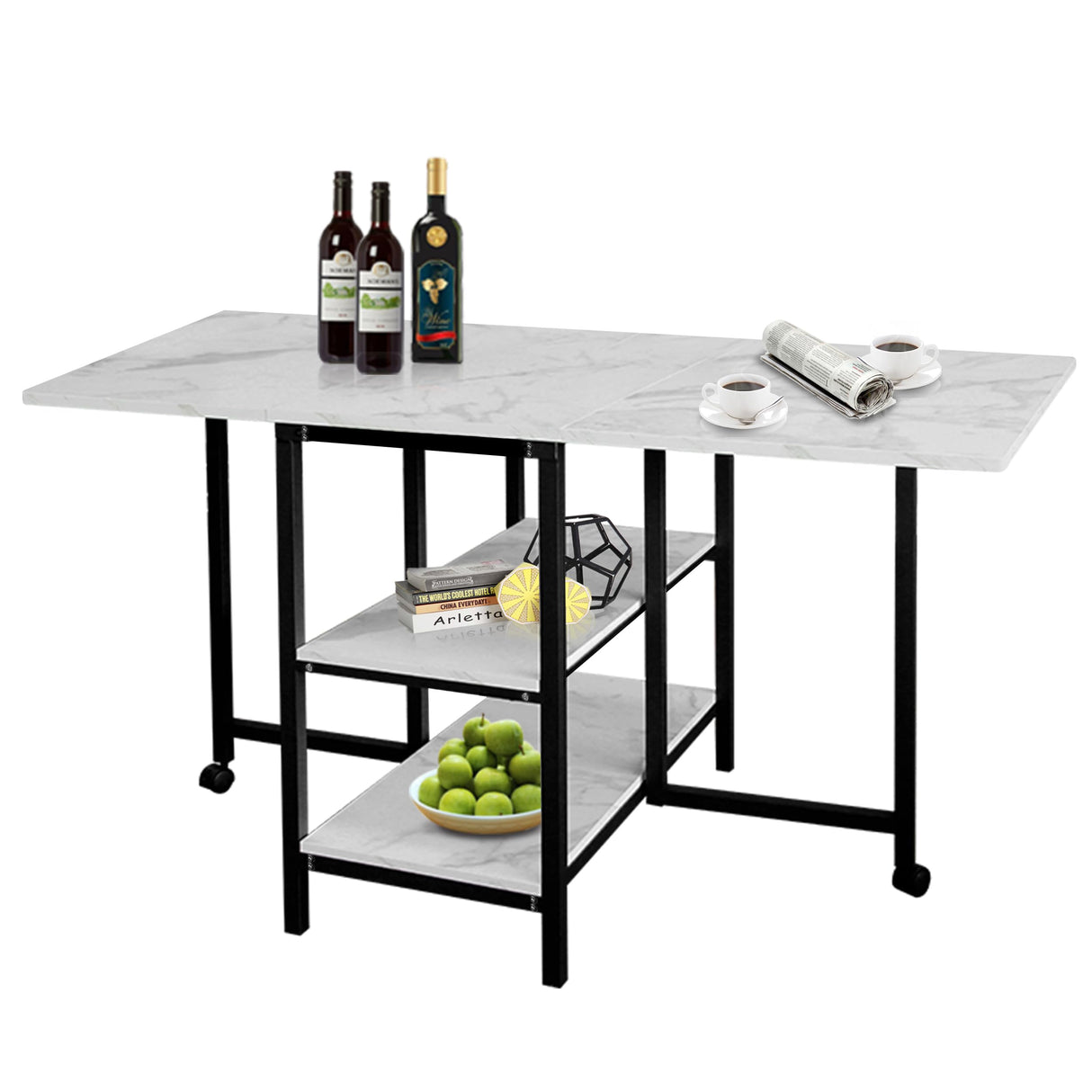 Folding Dining Table with 2 Storage Open Shelf,Drop Leaf Extension Dining Table,