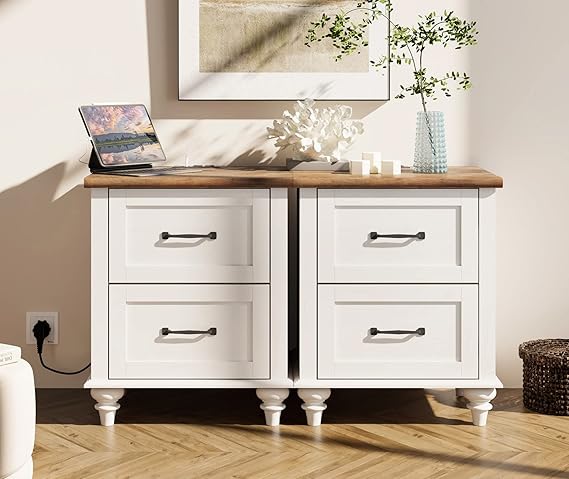 Nightstand Side Table with Charging Station, Light Wood End Table