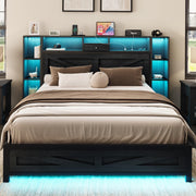 Queen Bed Frame with Bookcase Headboard and Charging Station