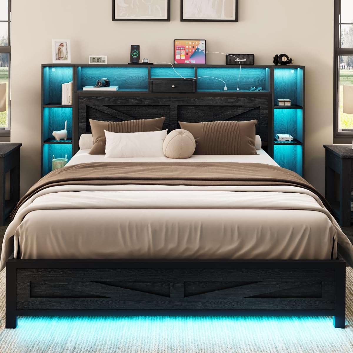 Queen Bed Frame with Bookcase Headboard and Charging Station