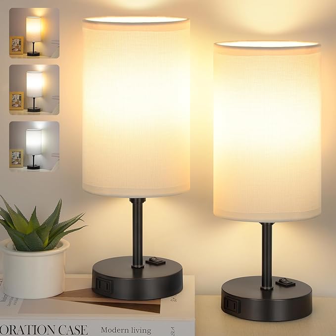 Bedside Table Lamp,3-Way Dimmable Bedside Lamps 2700K 3500K 5000K with AC Outlet