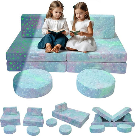 Kids Couch Sofa Modular Toddler Couch for Playroom, 8-Piece Fold Out Baby Couch Play Set