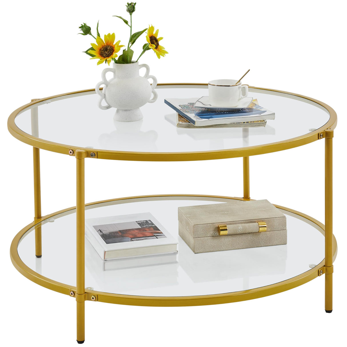 36" Round Coffee Table, Glass Coffee Table with Storage Shelf