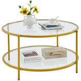 36" Round Coffee Table, Glass Coffee Table with Storage Shelf