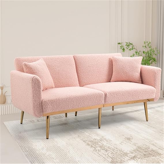 Convertible Futon Sofa Bed, Teddy Upholstered Folding Sleeper Sofa with Adjustable Backrest and 2 Pillows