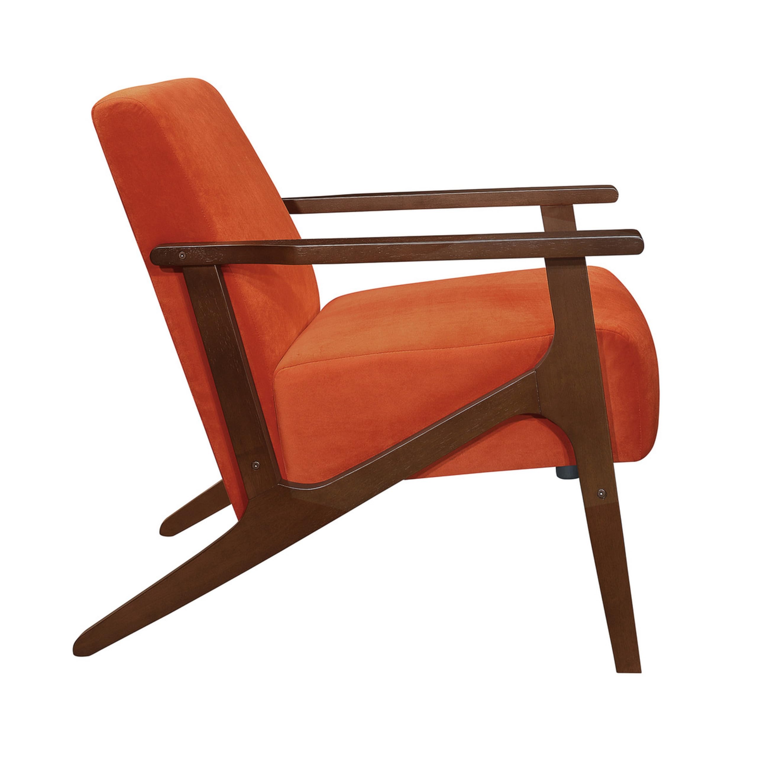 32 Inch Accent Armchair, Soft Velvet, Walnut Solid Wood, Orange and Brown