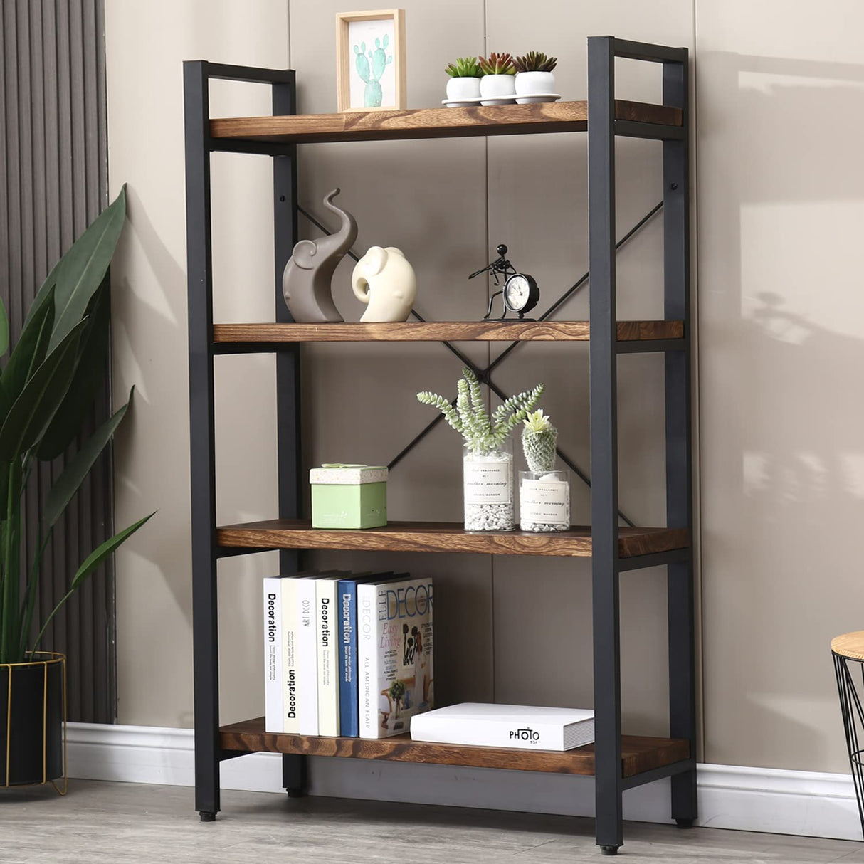 Solid Wood Bookshelf,4 Tier Rustic Vintage Industrial Etagere Bookcase