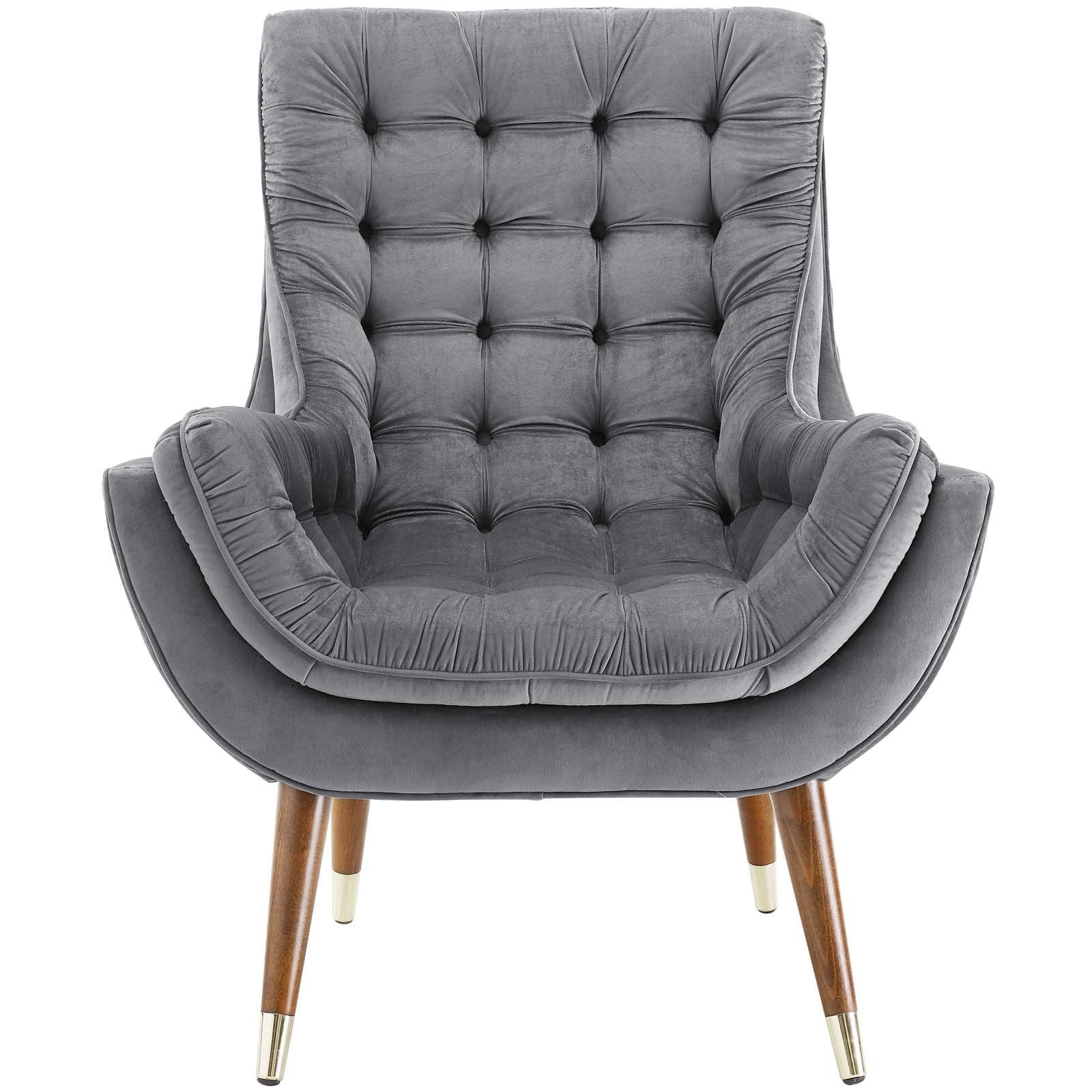 Suggest Button Tufted Upholstered Velvet Lounge Chair, Gray