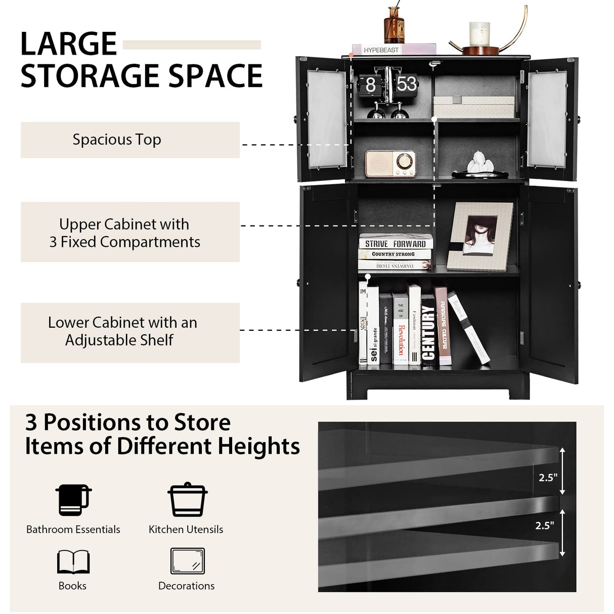 Storage Cabinet with Doors - Bathroom Floor Cabinet, Freestanding Tall Cabinet w/ 2