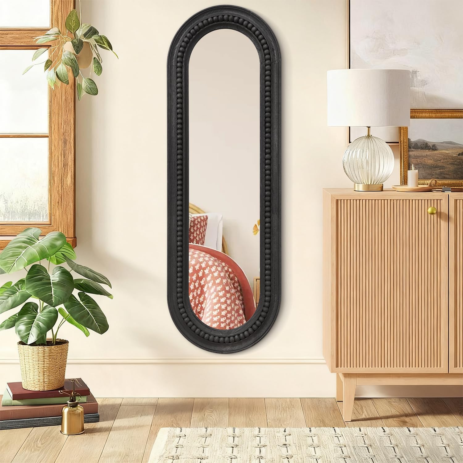 Oval Full Length Mirror with Beaded Wood Frame - 47"x16" Black Wall Mirror