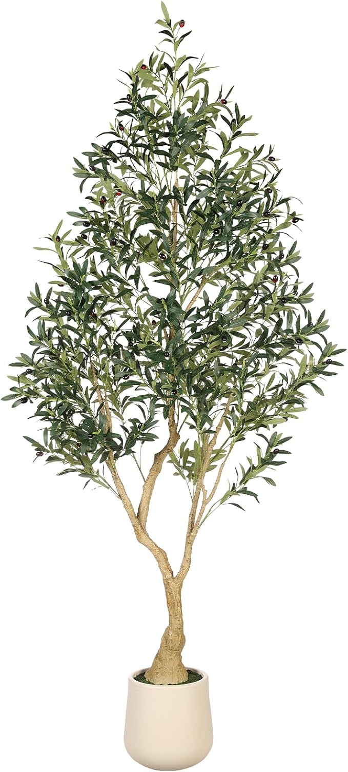 PHYTREE Artificial Olive Tree with Planter - 7FT Tall Silk Faux Olive Trees with Wood Trunk & Lifelike Fruits, Indoor and Outdoor Realistic Potted Artificial Tree for Home Office Decor
