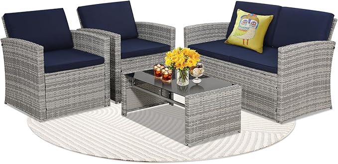 4 Pieces Patio Conversation Set, Outside Rattan Sectional Sofa, Cushioned Furniture Set