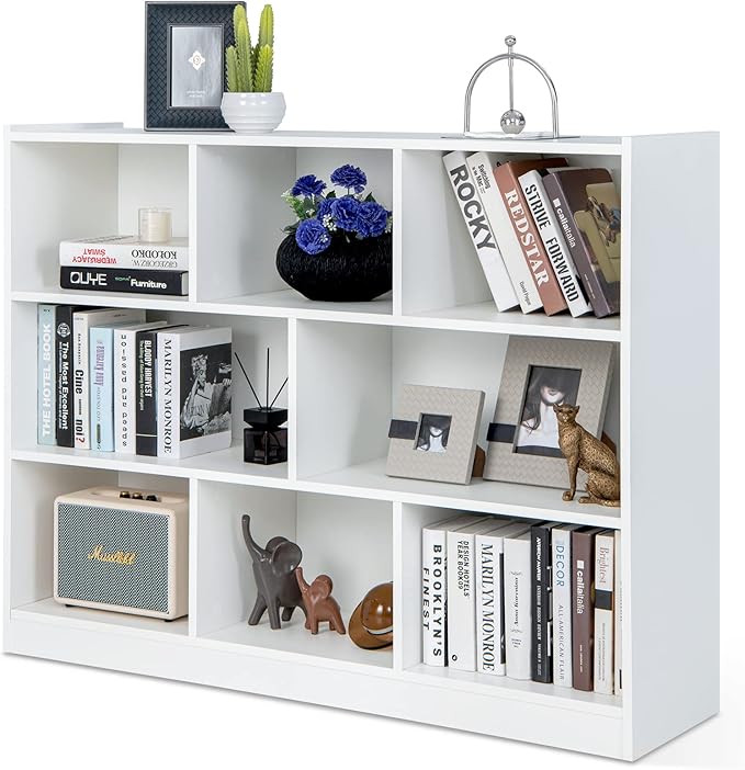 8 Cube Bookcase, Freestanding 3-Tier Open Bookshelf, Modern Storage Display Cabinet, Wood Cube Storage Organizer for Living Room, Kid’s Room, Grey